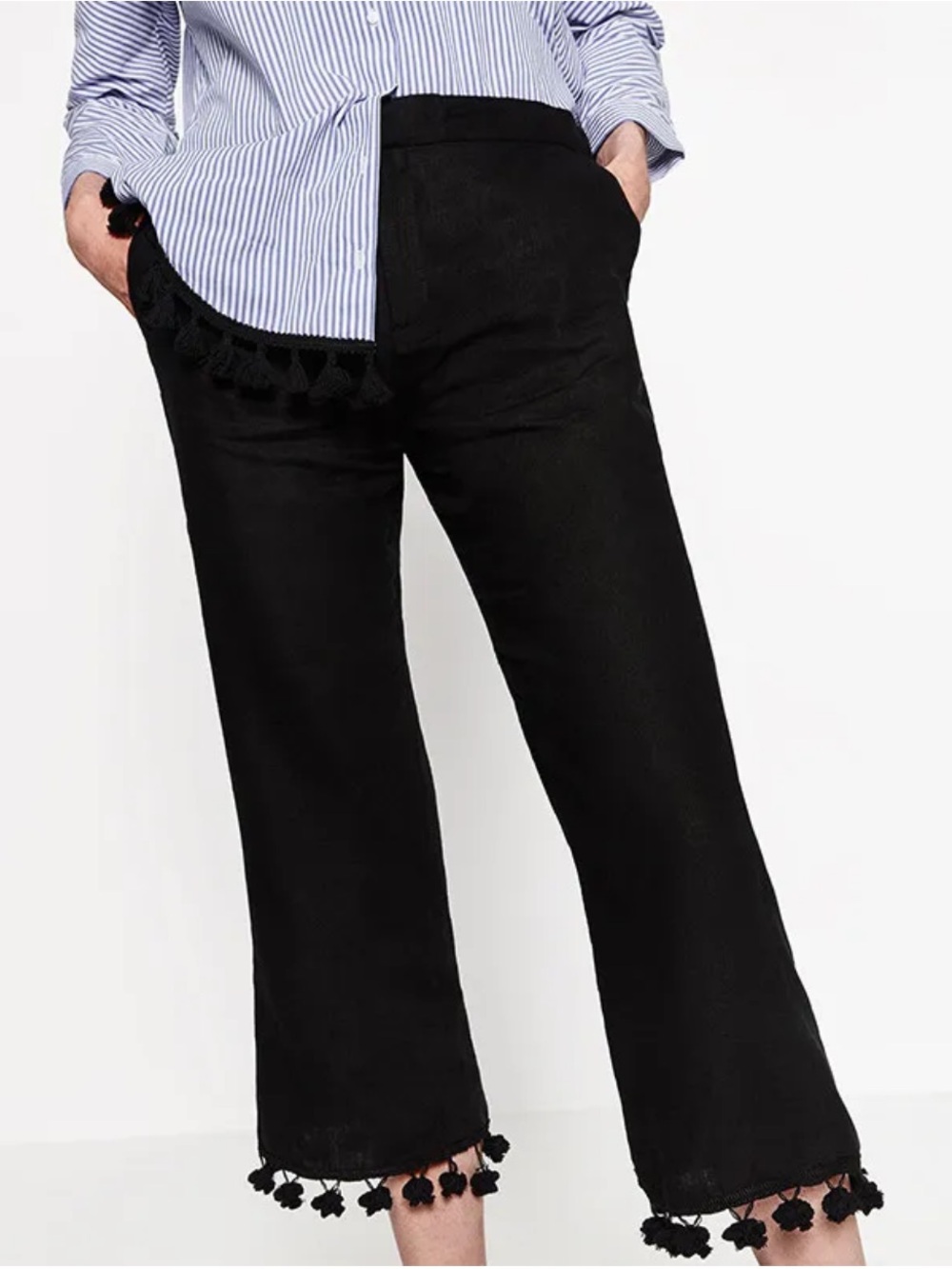 Zara Black Linen Trousers/Pants with Pom Trim size L